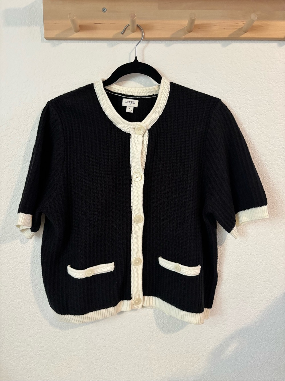 J. Crew Black and Cream Short-Sleeve Button Cardigan